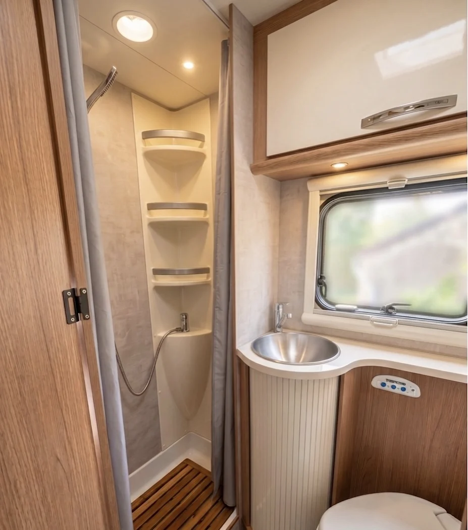 Salle de bain avec douche séparée et WC du camping-car familial 7 places