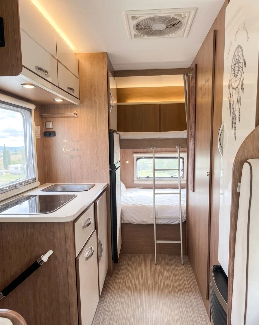 Cuisine équipée avec grand réfrigérateur dans le camping-car en location près de Boulogne-sur-Mer